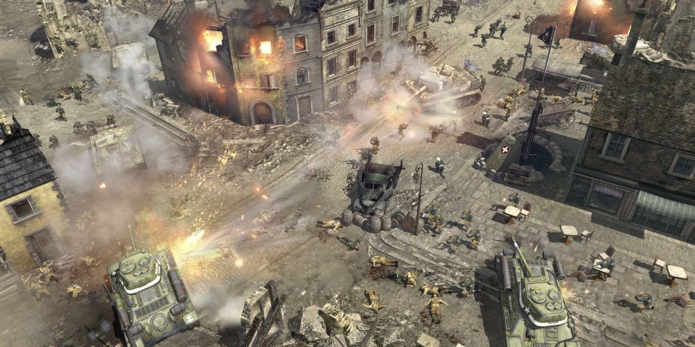 Two armies engage in a brutal firefight across a ruined city
