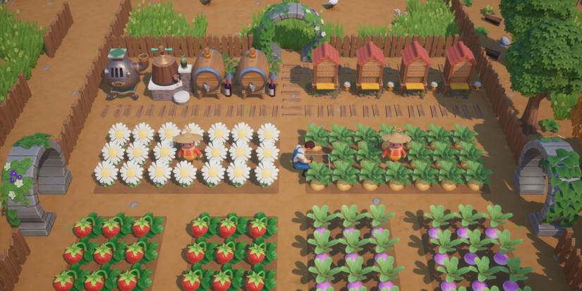 A Coral Island farmer kneeling and tending their crops