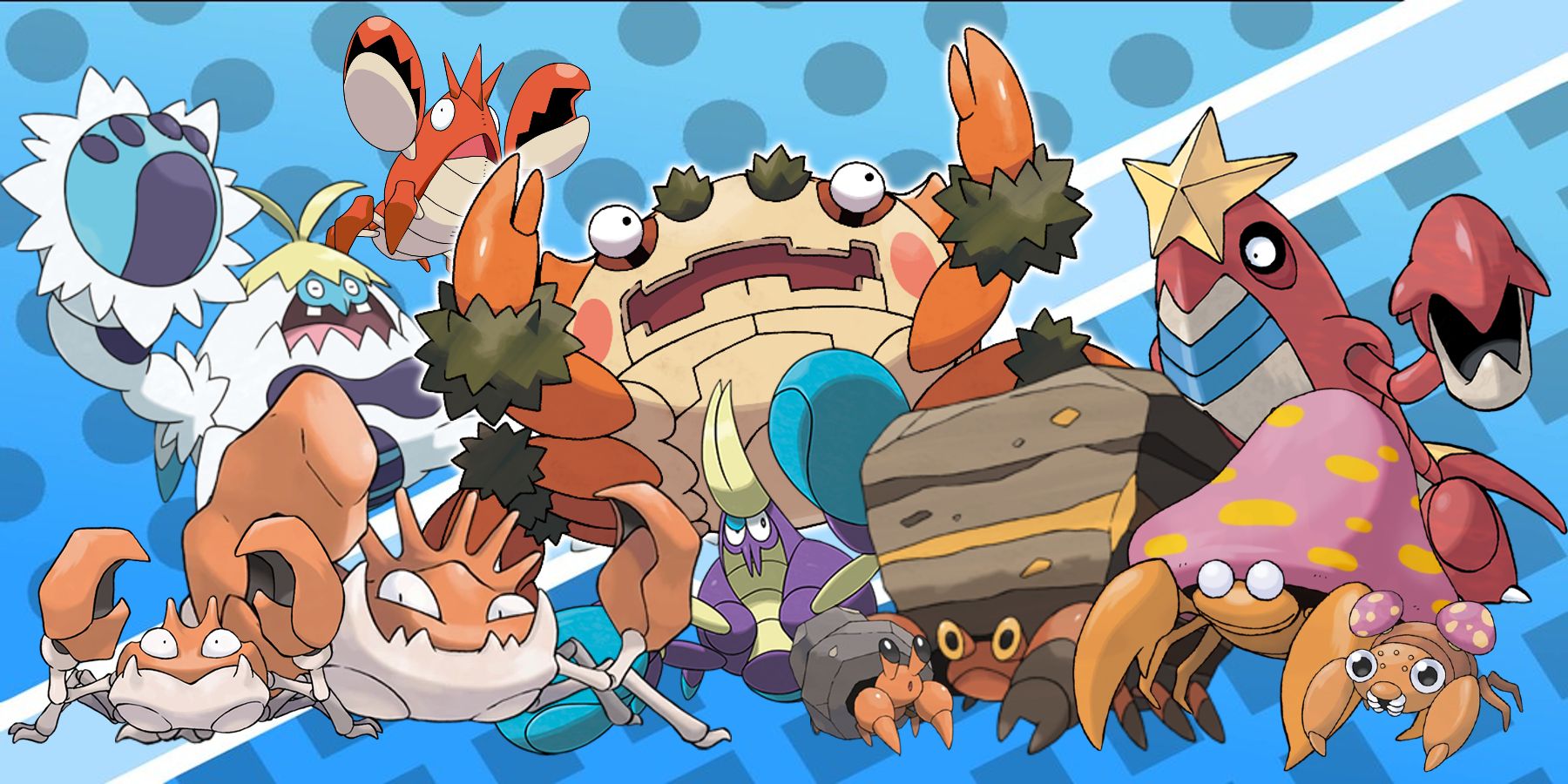 A selection of crab and lobster Pokemon as examples of carcinization, including Krabby and Kingler, Paras and parasect, Corphish and Crawdaunt, Dwebble and Crustle, Crabrawler and Crabominable, and Klawf.