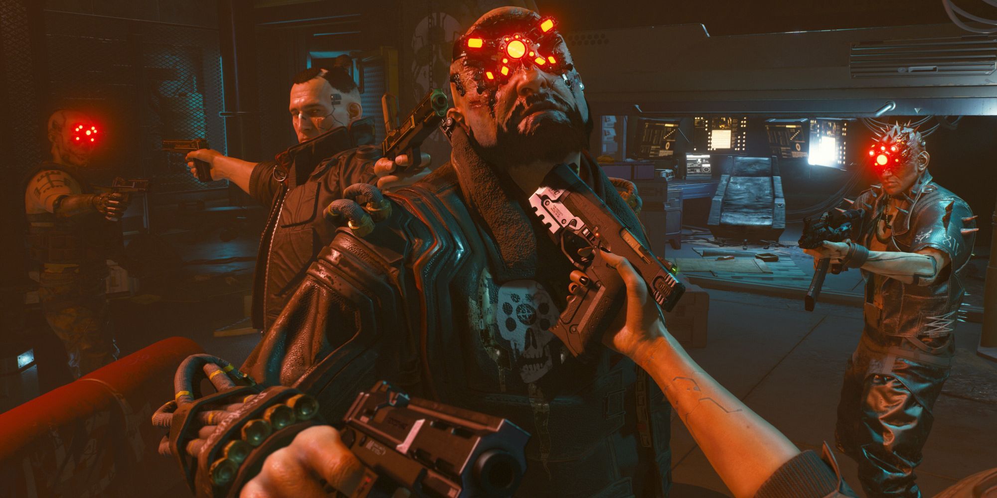 V and Jackie facing off against a squad of Maelstrom gangers in Cyberpunk 2077
