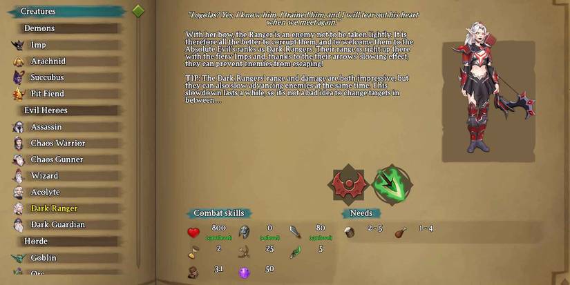 The Almanac entry for the Dark Ranger in Dungeons 3