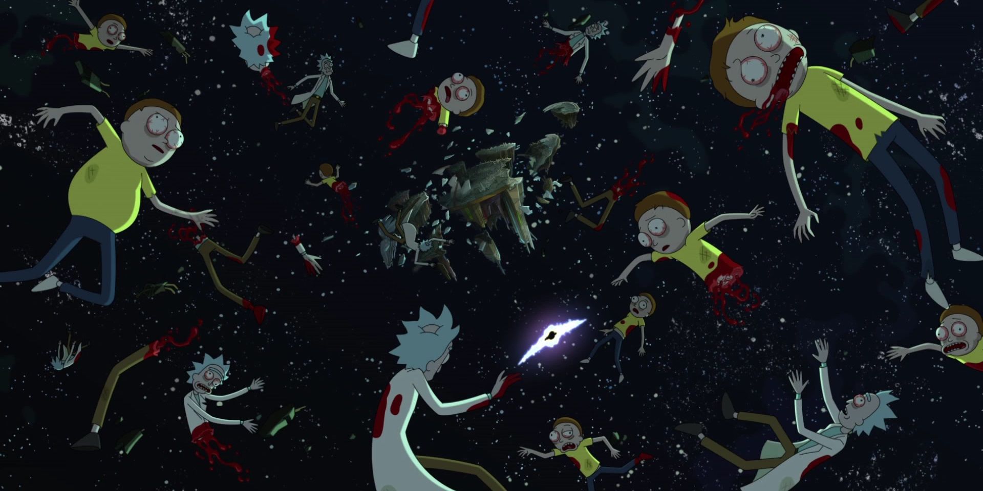 Dead Ricks and Mortys floating through space in Rick and Morty