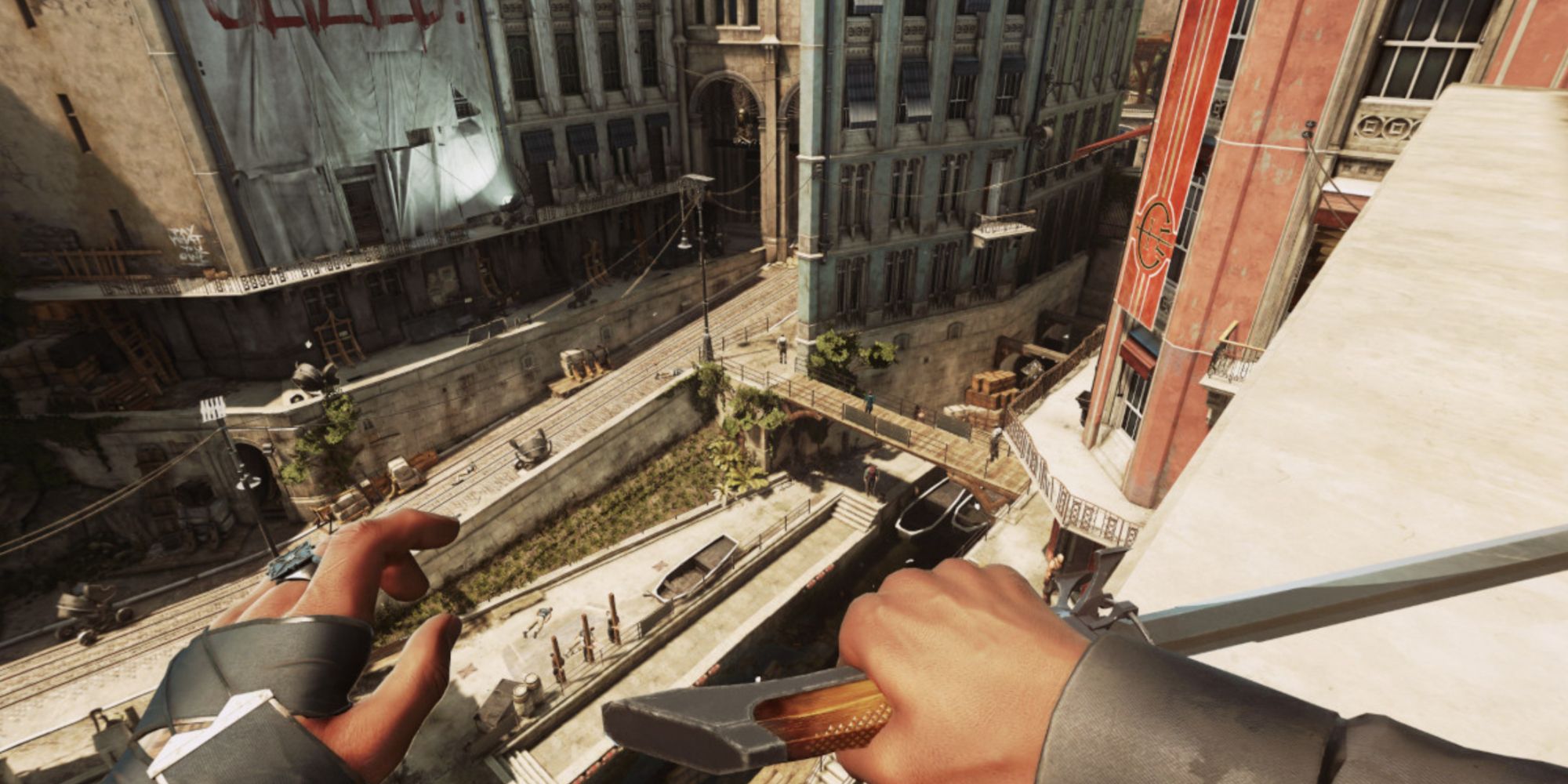 A player sitting on top of a roof in Dishonored 2