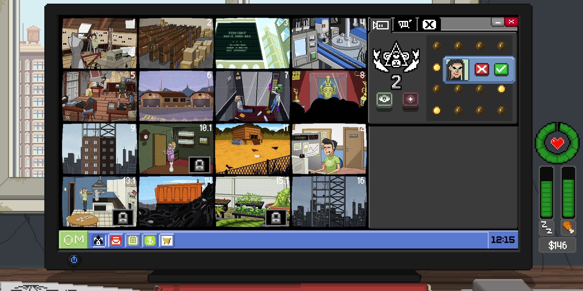 A Do Not Feed The Monkeys screenshot of the security camera grid on the desktop