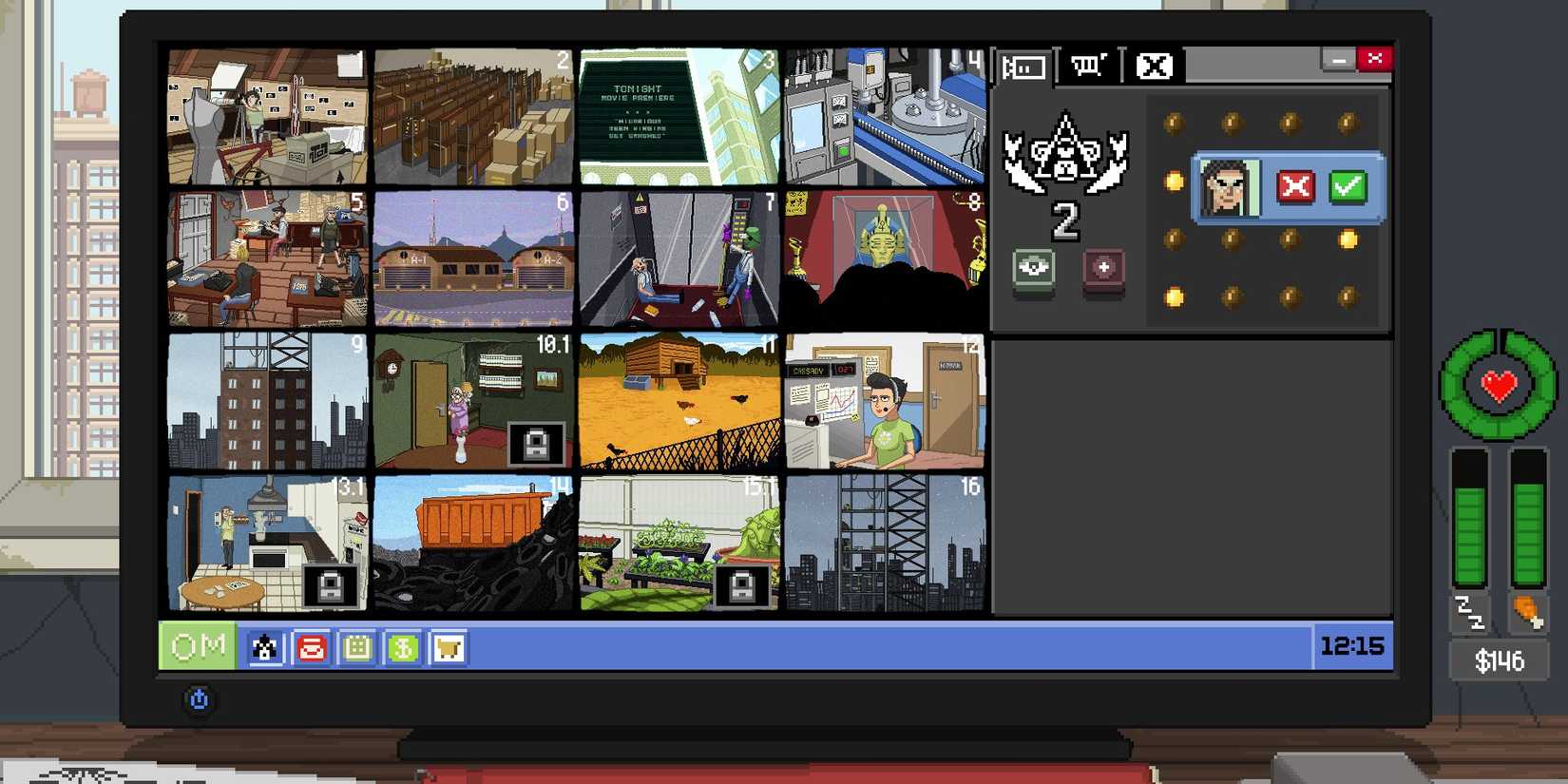 A Do Not Feed The Monkeys screenshot of the security camera grid on the desktop