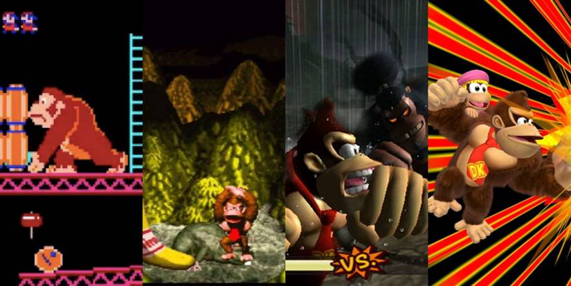 Left - Donkey Kong Arcade, Left Center - Donkey Kong Country, Right Center - Donkey Kong Jungle Beat, Right - Donkey Kong Country Tropical Freeze