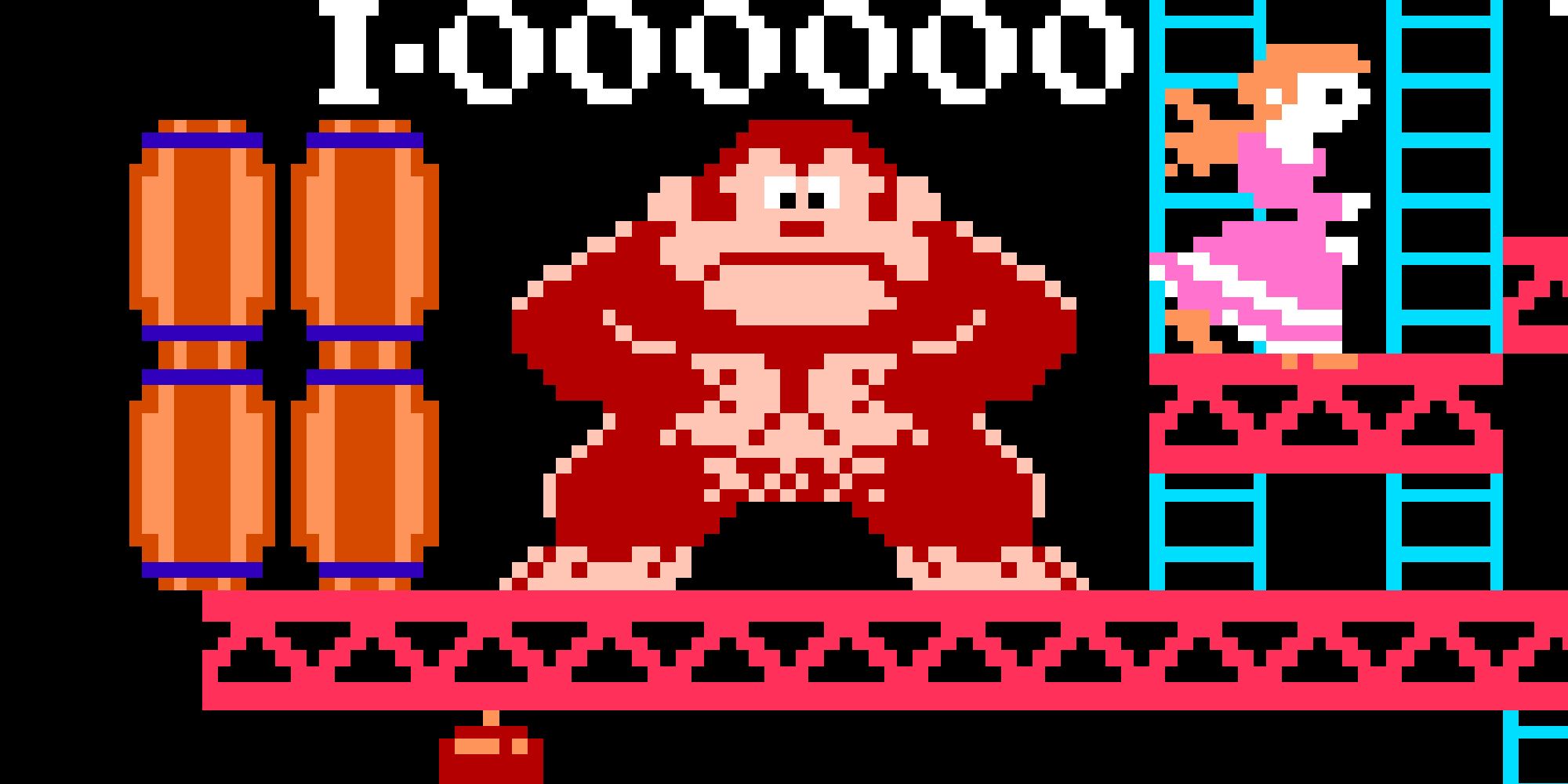 Donkey Kong standing with Pauline in the original arcade game