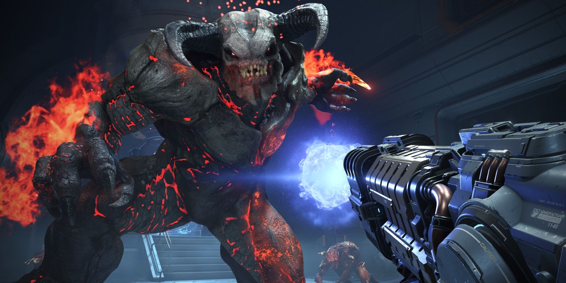 Fighting a demon made of molten lava in Doom Eternal