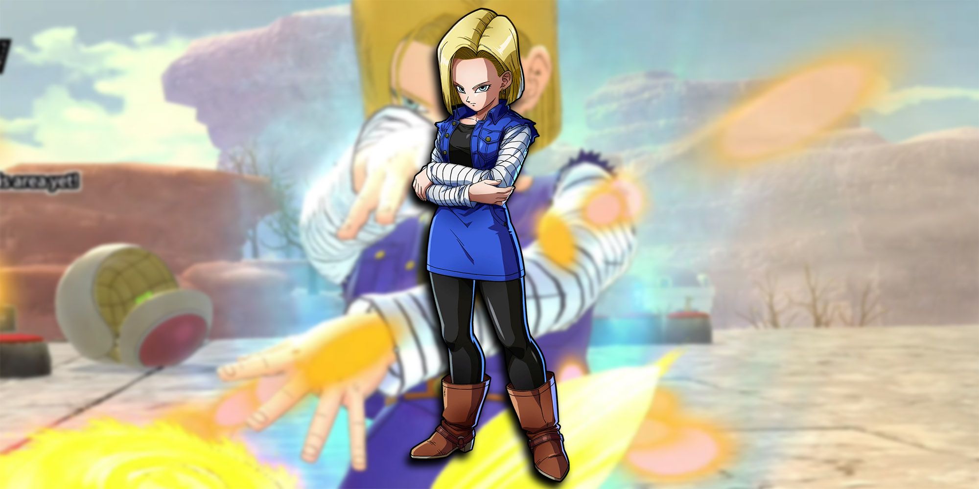 Dragon Ball The Breakers - Android 18 Using Super Attack In-Game With PNG OF 18 Overlaid On Top