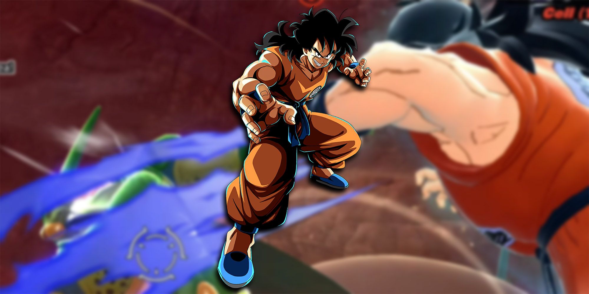 Dragon Ball The Breakers - Yamcha Hitting Cell With Wolf Fang Fist With Yamcha PNG Overlaid On Top