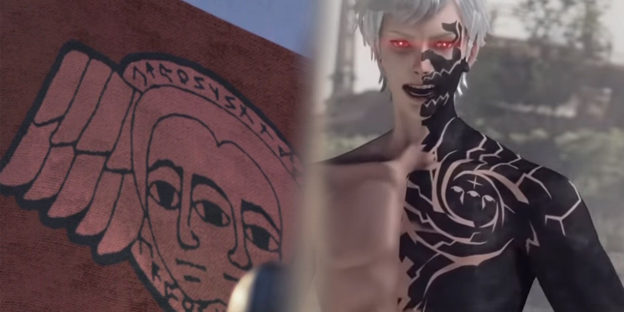 Drakengard Cult of the Watchers Flag next to Eve from Nier Automata with visible tattoos