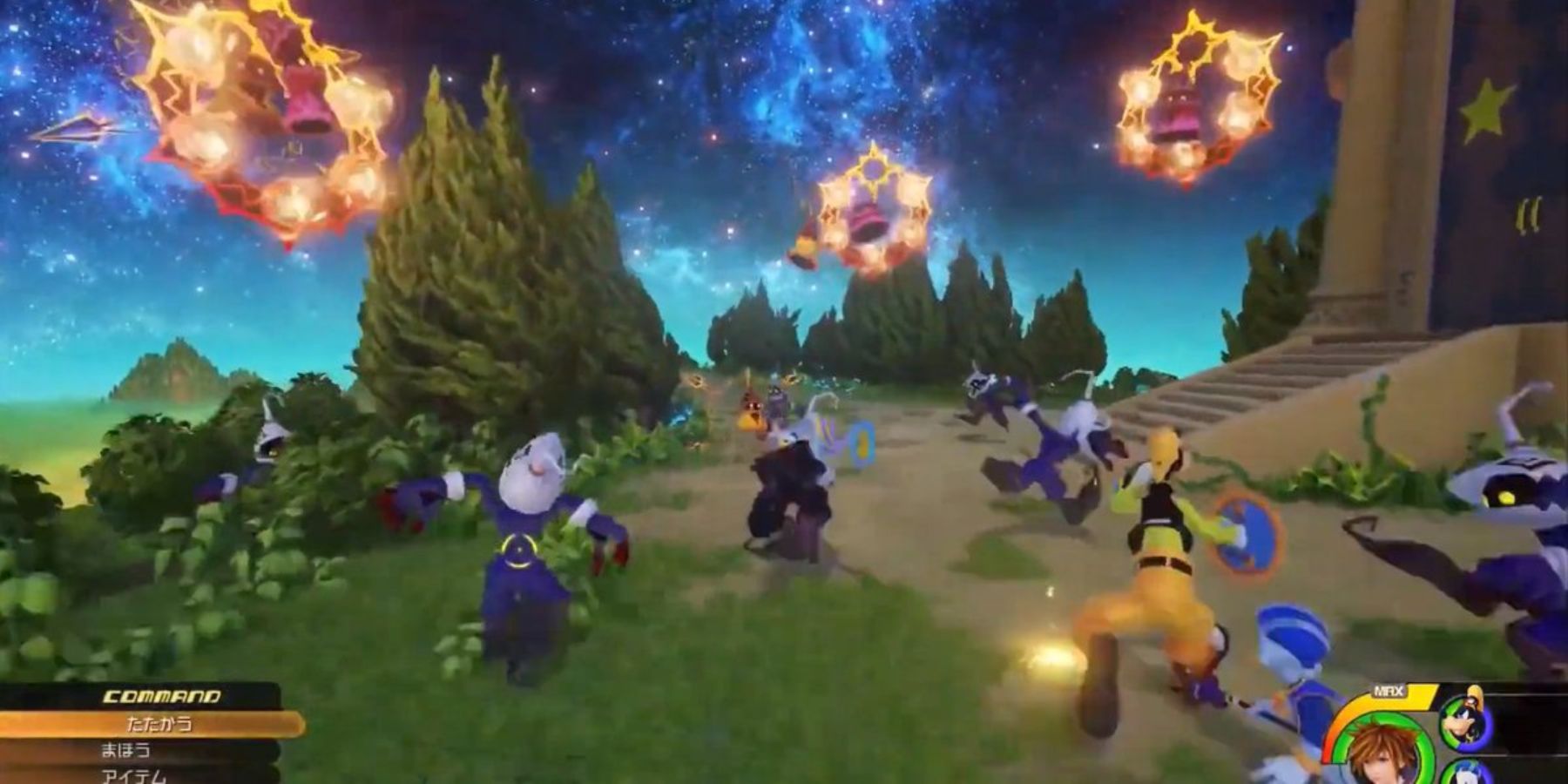 Sora, Donald, and Goofy fighting Heartless outside the Mysterious Tower (Kingdom Hearts 3)