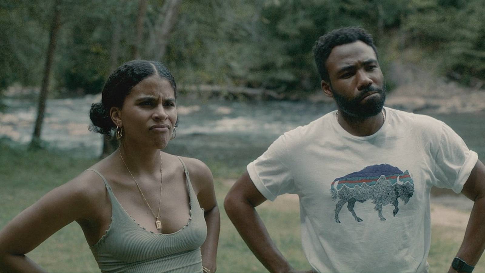 Zazie Beetz as Van and Donald Glover as Earn camping in Atlanta season 4