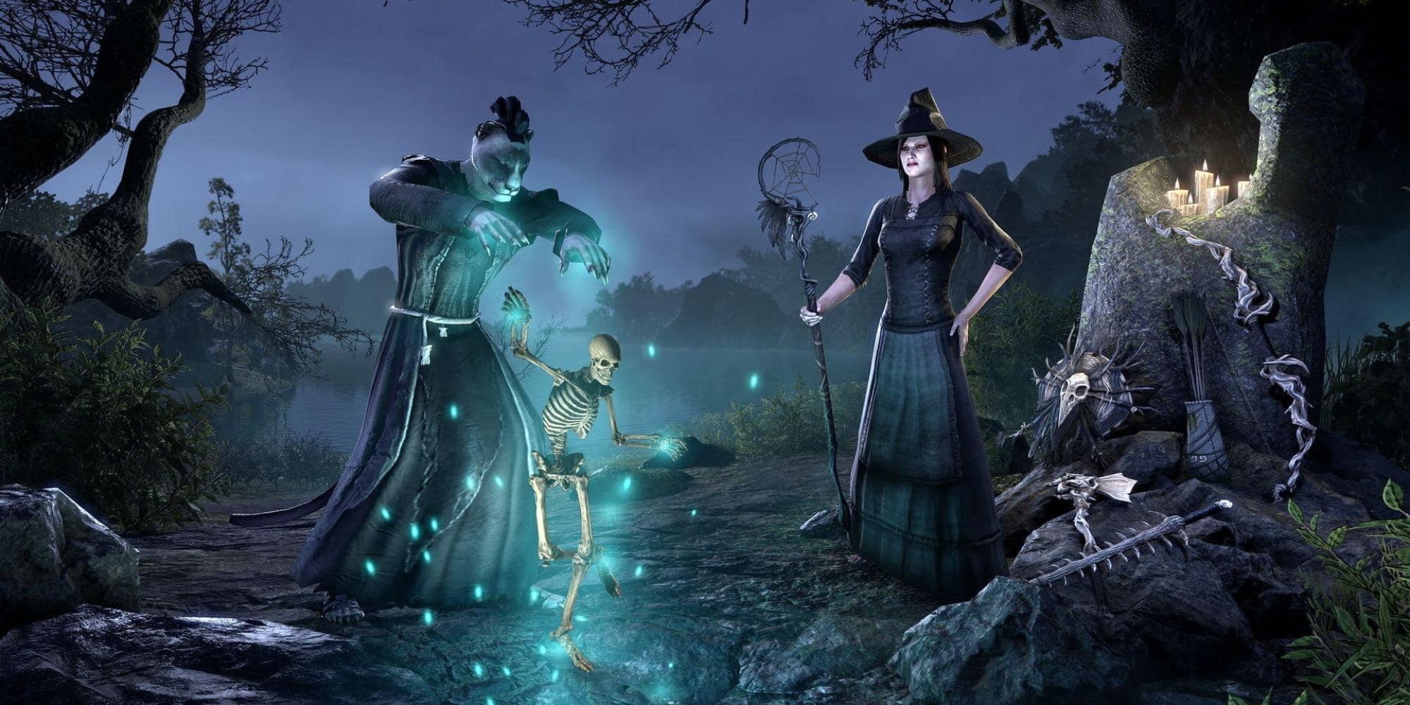 A Khajit making a skeleton dance and a woman with a witches hat watching him in The Elder Scrolls Online