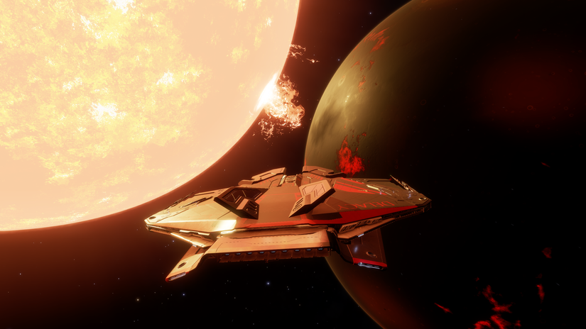 A Glamour shot of the Bubble Buster, a Krait Phantom travelling the space between a star and heavy metal planet.