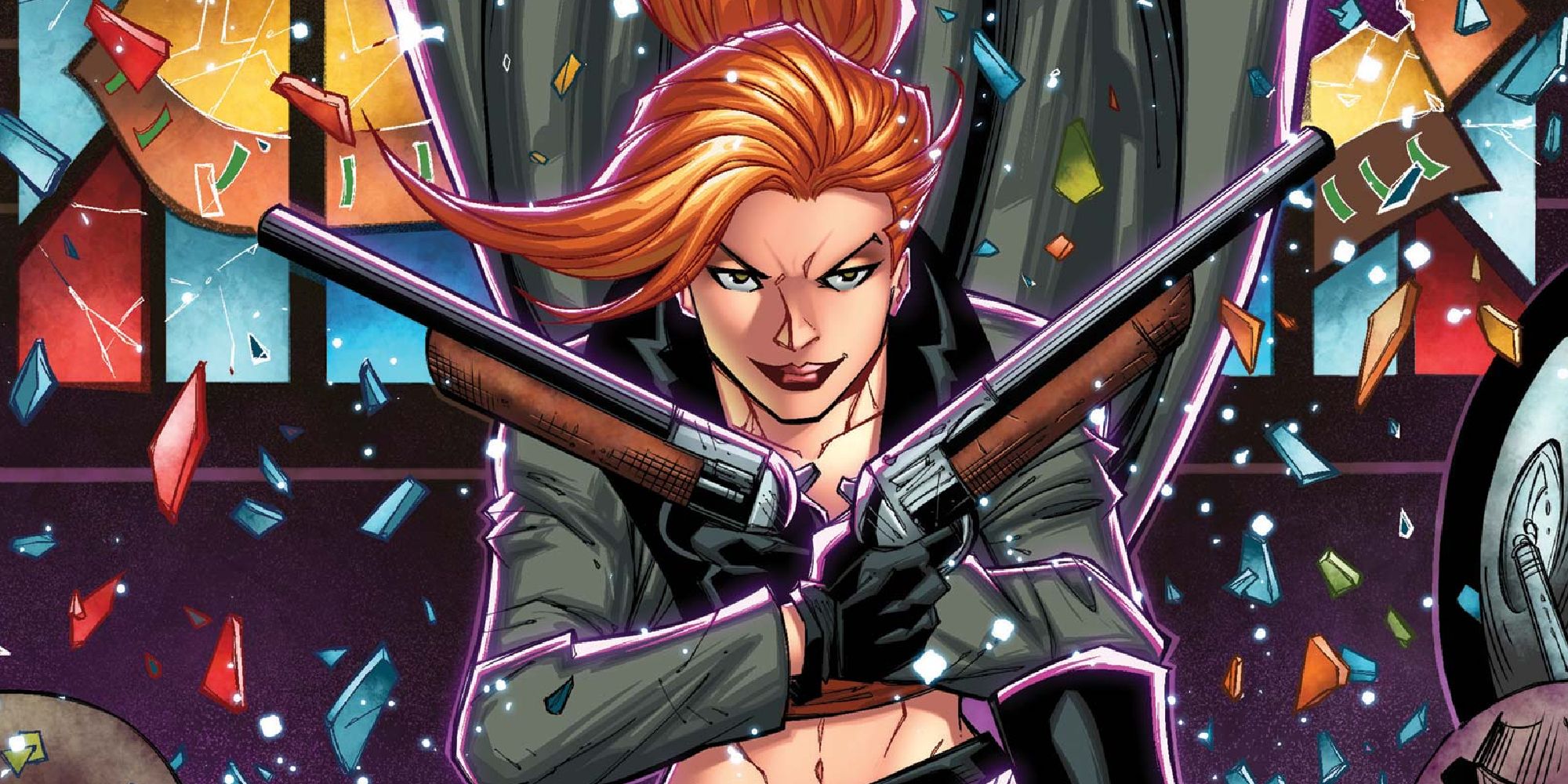 Elsa dual-wielding pistols in front of stain glass in a Black Knight comic cover