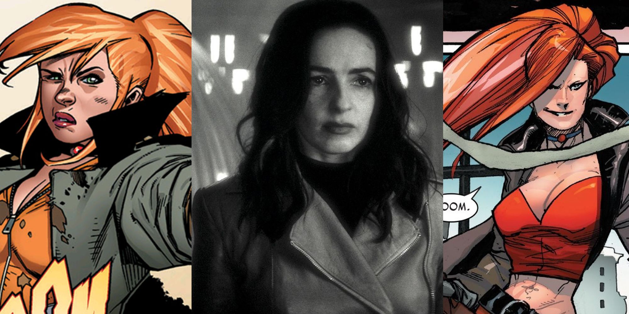 Elsa covered in dirt in the comics; Laura Donnelly as Elsa in Werewolf by Night; Elsa smirking in the comics