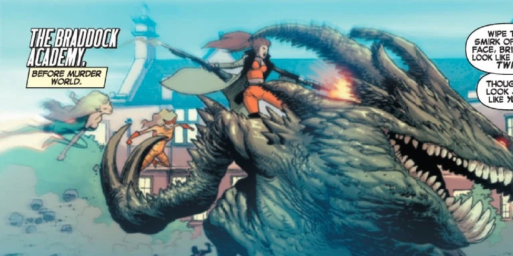 Elsa battling a monster at Braddock Academy in the comics