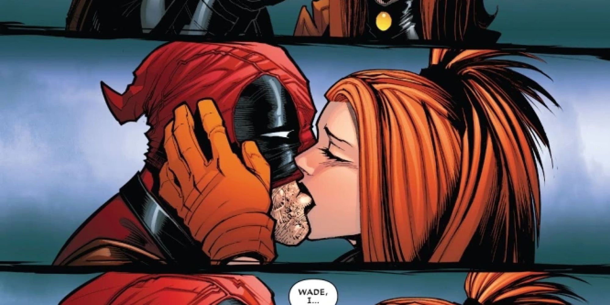 Elsa kissing an unmasked Deadpool in the comics