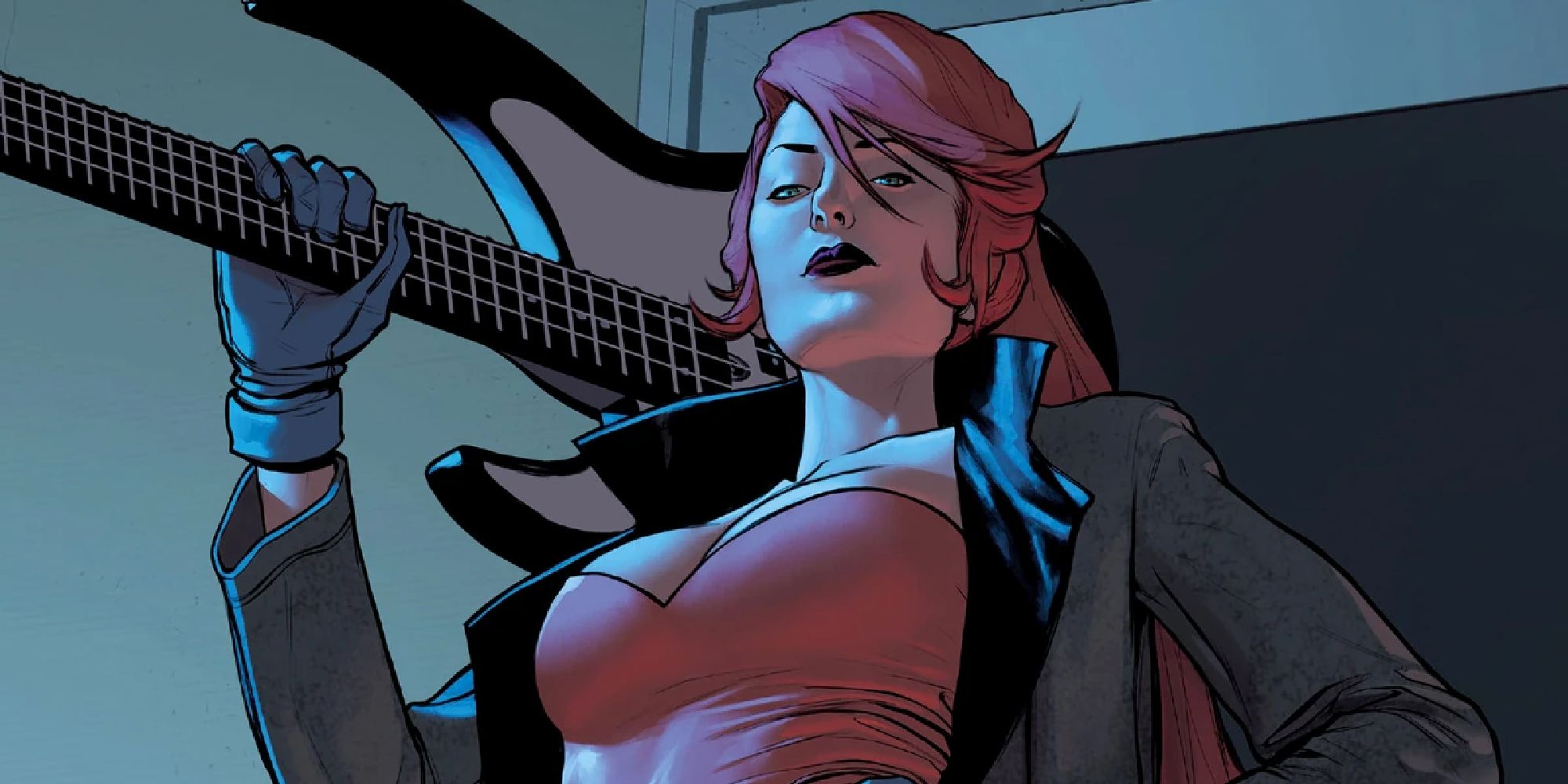 Elsa holding a bass guitar in the comics