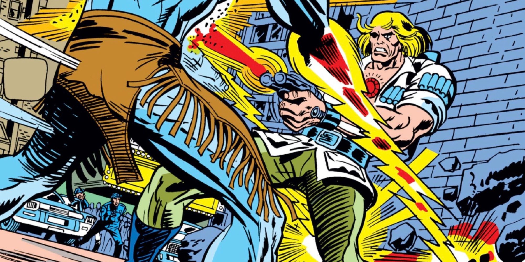 Ulysses with the Bloodstone shooting at a monster on a comic cover