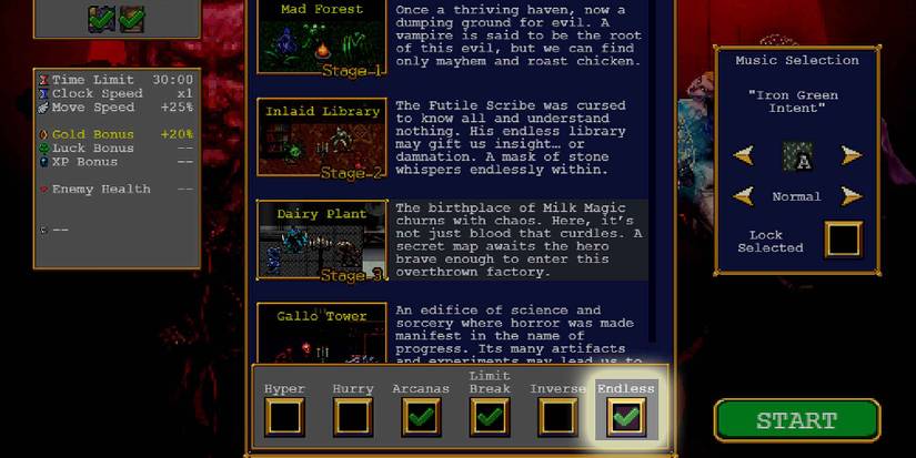 Selecting Endless Mode in Vampire Survivors