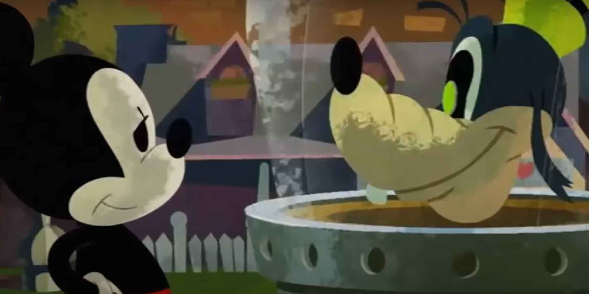 Mickey speaking with Goofy in the Epic Mickey Disney Game