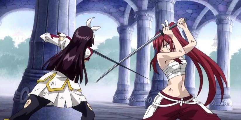 Erza Scarlet and Kagura Mikazuchi clash swords in the Fairy Tail anime