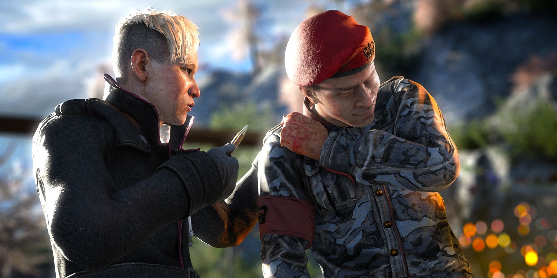 Pagan Min holding up a knife to one of his soldiers in Far Cry 4