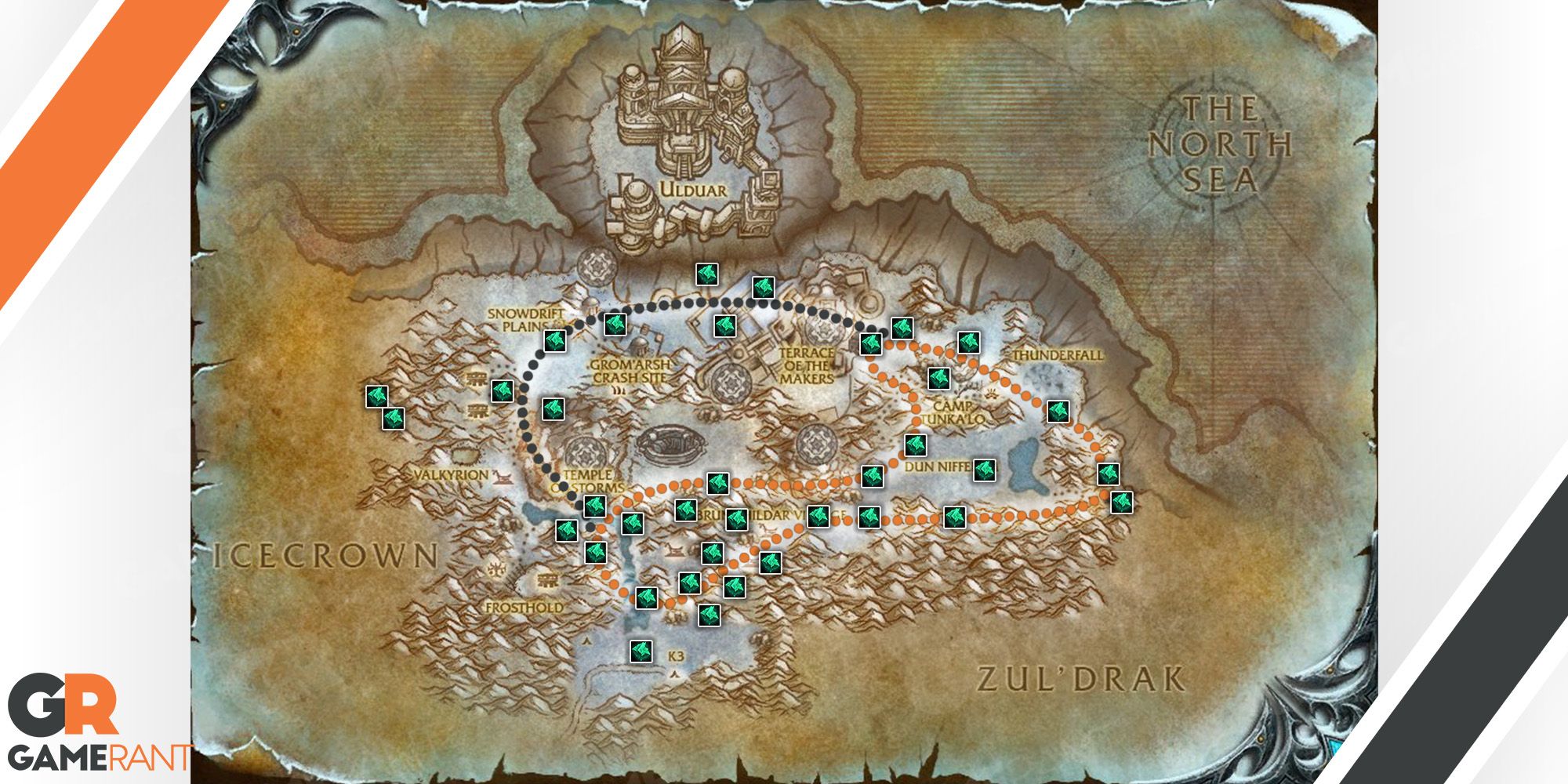 in game map of stormpeaks highlighting the best Farming Routes for saronite ore deposits
