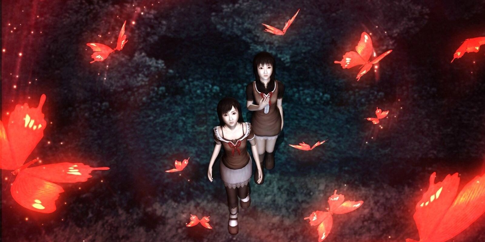 Main characters Mayu and Mio look up towards the swarm if crimson butterflies flying towards the camera.