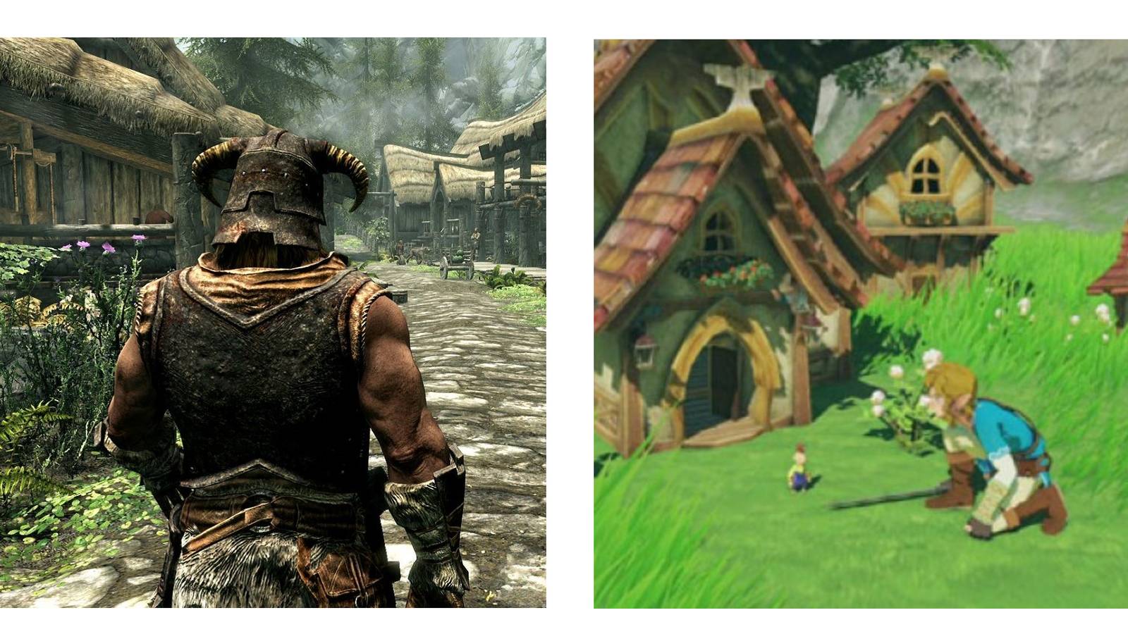 Left: The Dragonborn walking through town. Right: Link kneeling down and talking to a diminutive Minish in a tiny village.