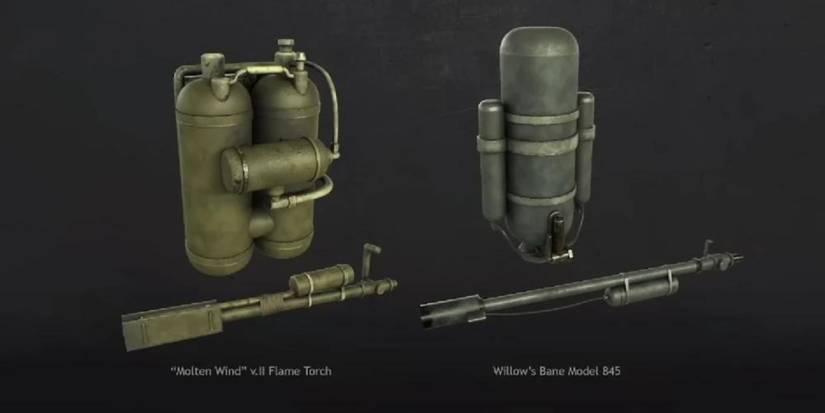 The two different faction Flamethrowers in Foxhole