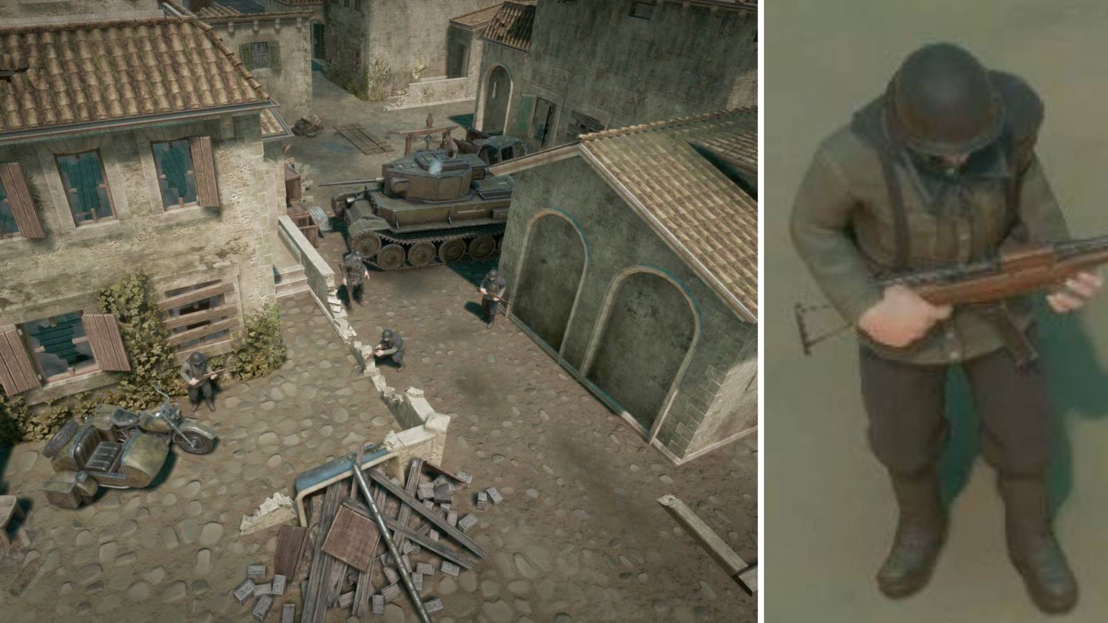 On the left is an image of soldiers and a tank in Foxhole and on the right is a soldier from the same game holding a rifle
