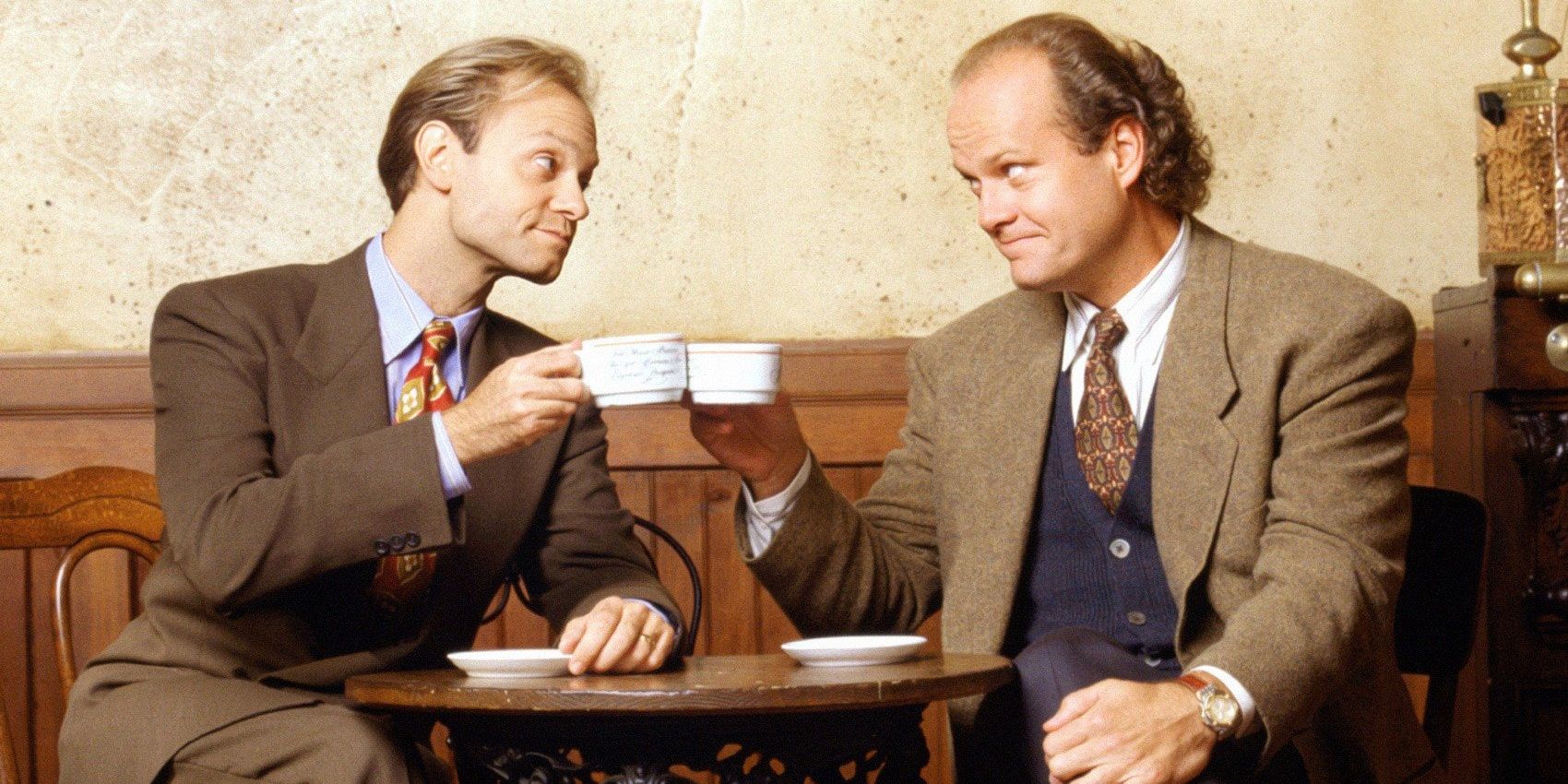Frasier and Niles having coffee in a promotional image for Frasier