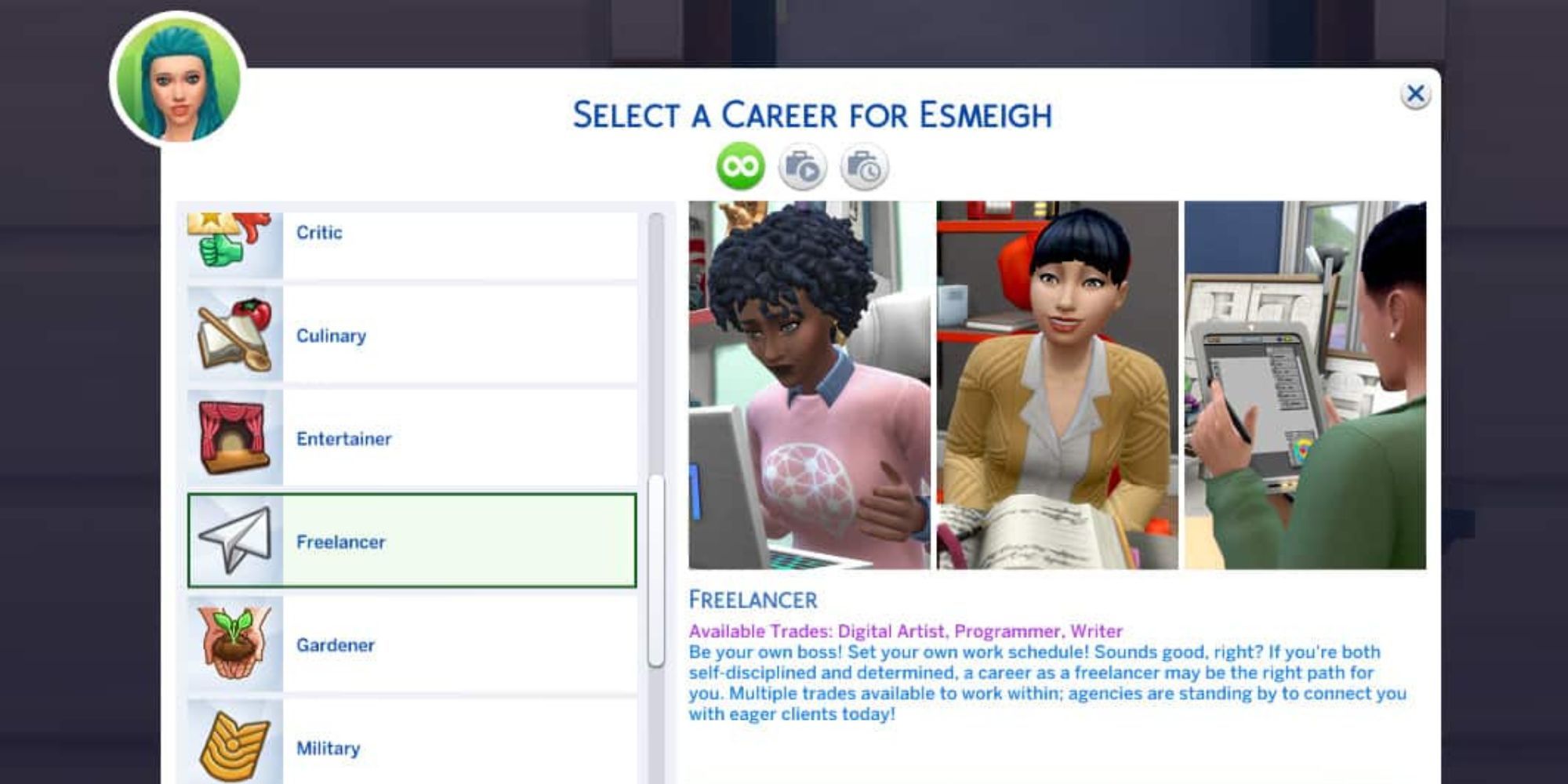 The career menu in The Sims 4 showing the Freelance Career