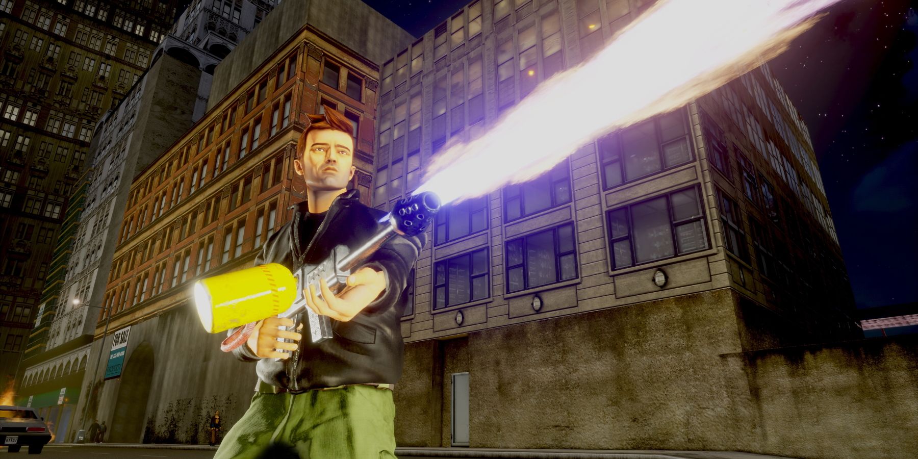 Screenshot of Grand Theft Auto: The Trilogy - The Definitive Edition - GTA 3 of Claude with a flamethrower