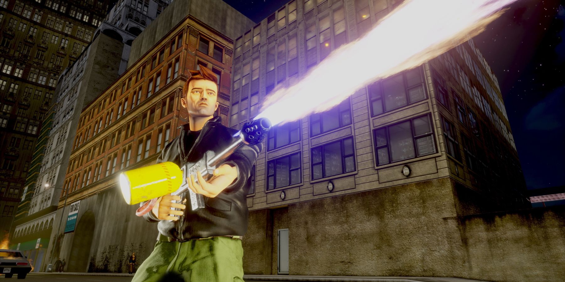 Grand Theft Auto: The Trilogy - The Definitive Edition - GTA 3 screenshot of Claude with a flamethrower