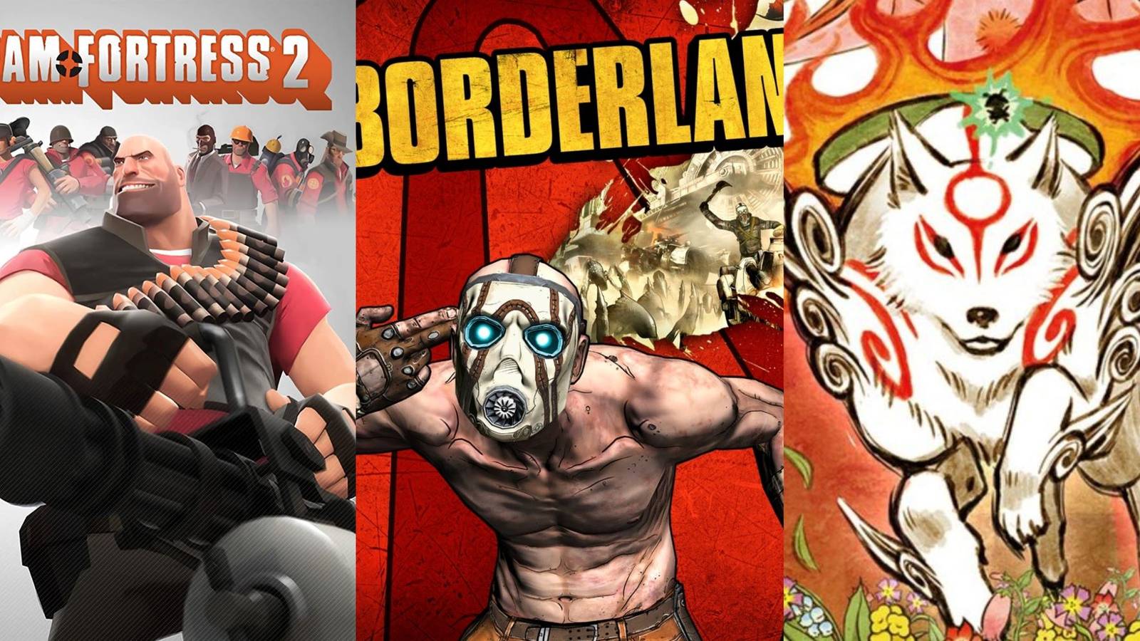 Left - Team Fortress 2, Center - Borderlands, Right - Okami
