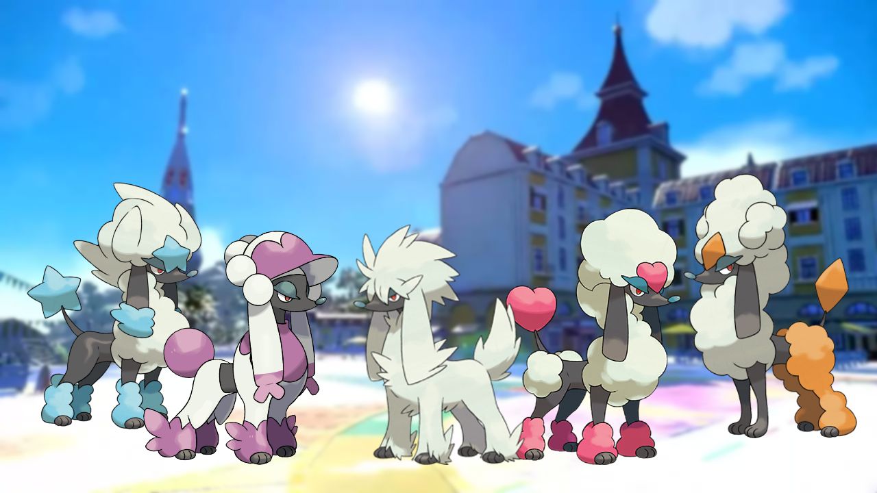 Pokemon's Furfrou, including four of its Trims: Star, Debutante, Heart, and Diamond.