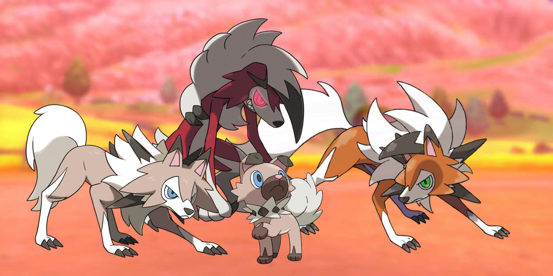 Pokemon's Rockruff with Lycanroc's three forms, including Midday, Dusk, and Night.