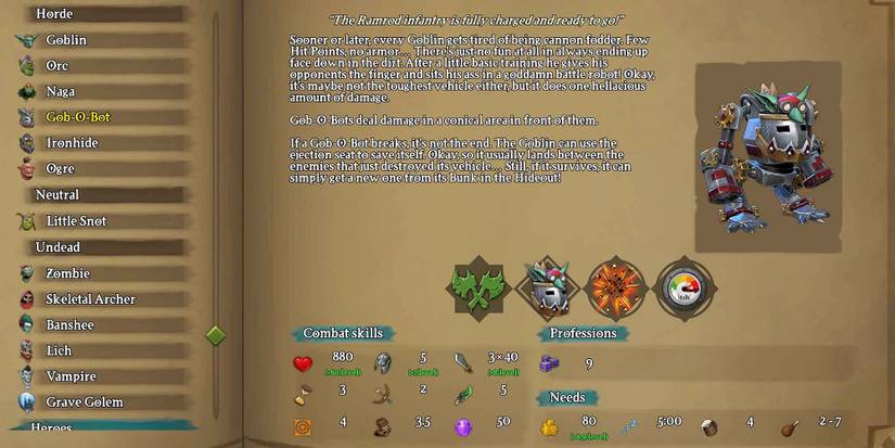 The Almanac entry for the Gob-O-Bot in Dungeons 3