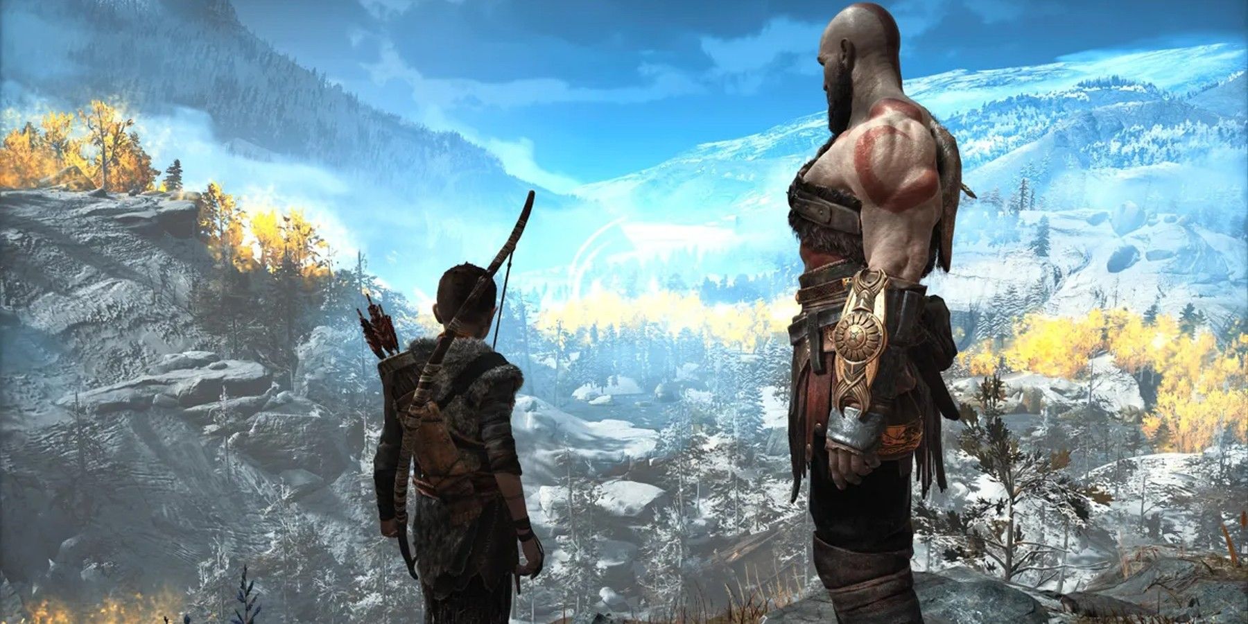Atreus and Kratos looking over the mountains God of War 2018 