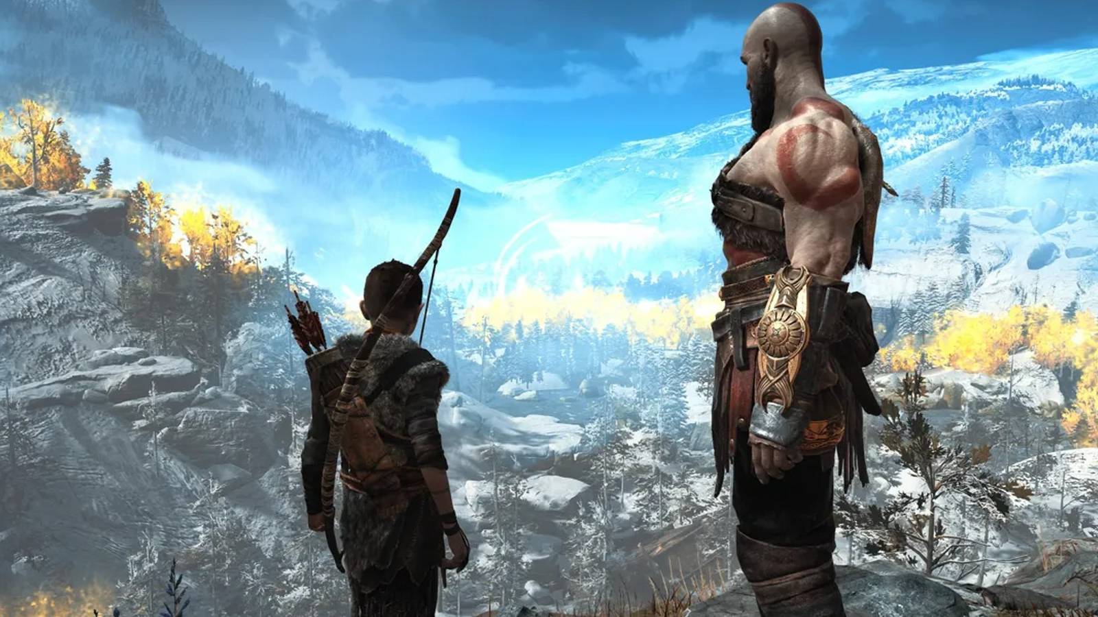 Atreus and Kratos looking over the mountains God of War 2018 
