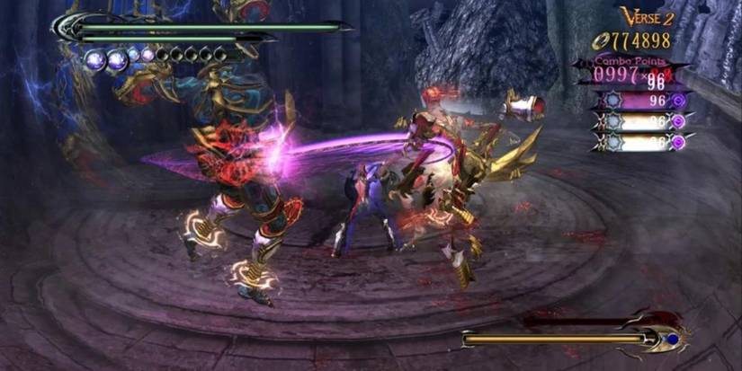 Bayonetta being attacked by Grace and Glory in the game Bayonetta