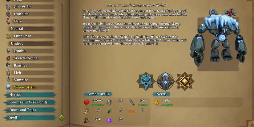 The Almanac entry for the Grave Golem in Dungeons 3