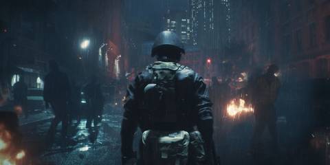 HUNK in front of zombies in Resident Evil