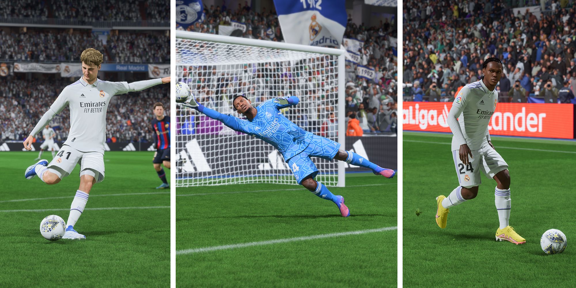Screenshots from FIFA 23 depicting Nelson Weiper, Guillaume Restes and Mathys Tel