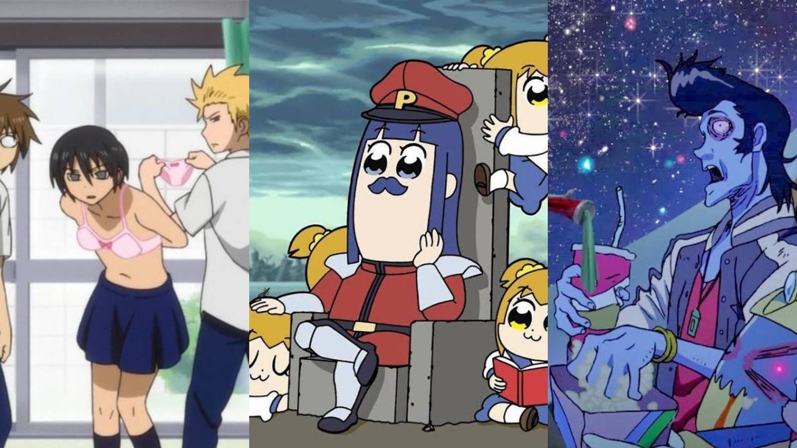 Hidenory, Tadakuni, and Yoshitake in Daily Lives Of High School Boys, Pipimi and Popuko in love pop team epic, Dandy and Cart Driver in Space Dandy