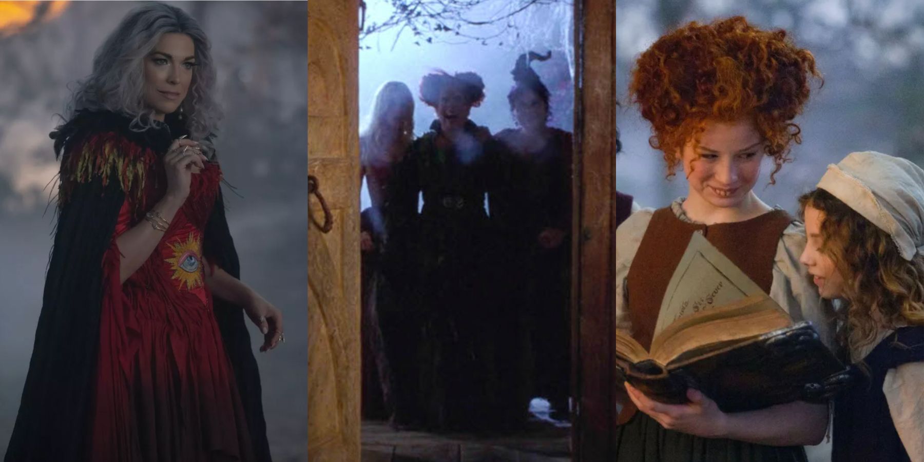 A split image features the Mother Witch, the Sanderson sisters in 1993, and the Sanderson sisters in 1653 in Hocus Pocus and Hocus Pocus 2